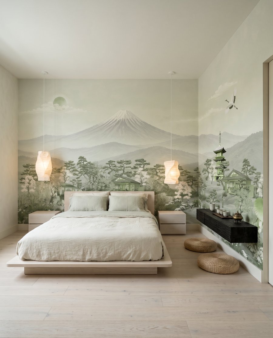 Pagode devant la montagne dans un intérieur