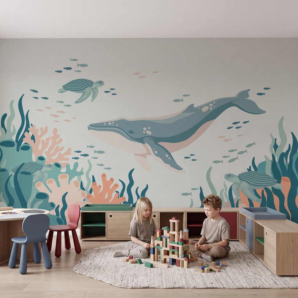 Baleine et tortue dans un intérieur