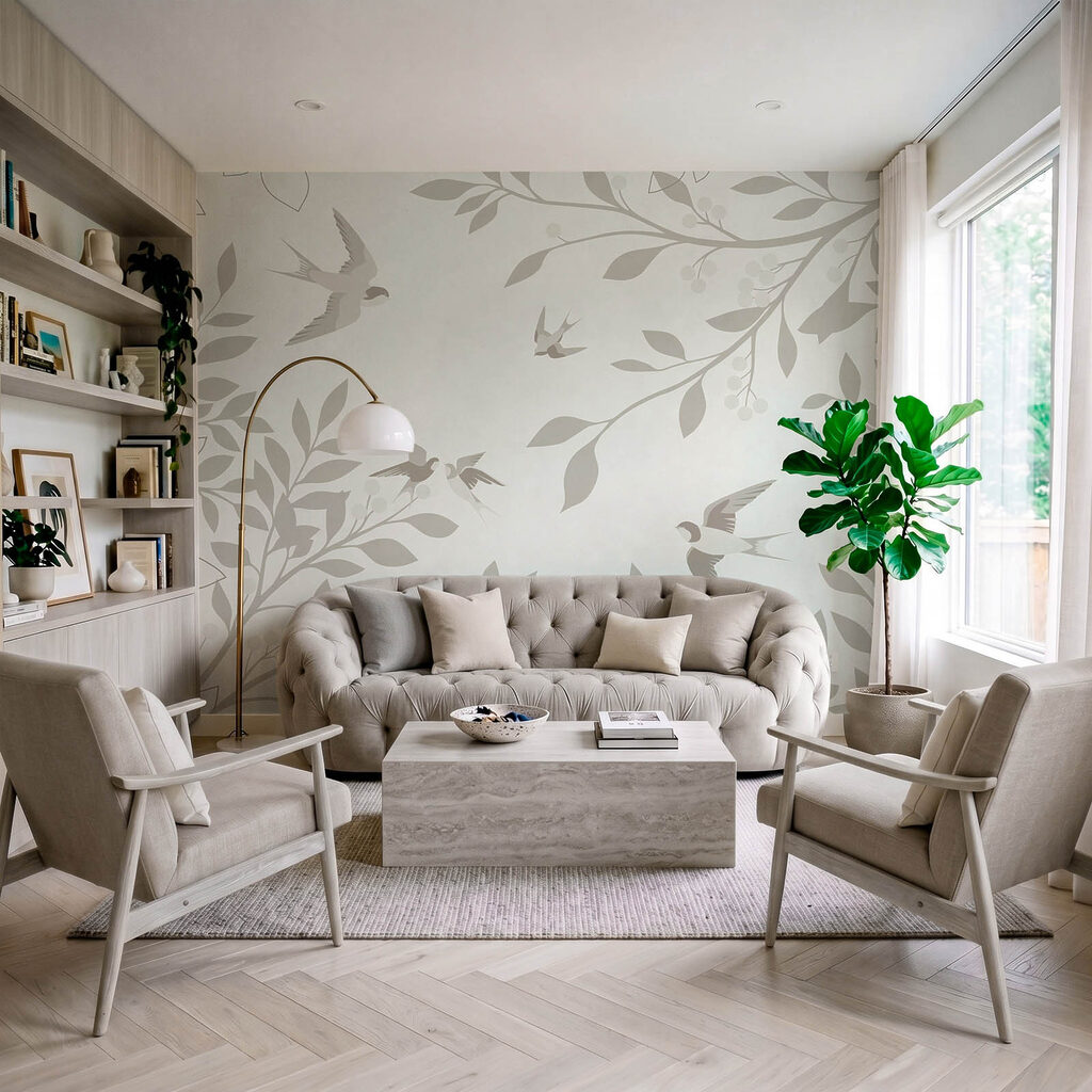Oiseaux et rameaux gris dans un intérieur