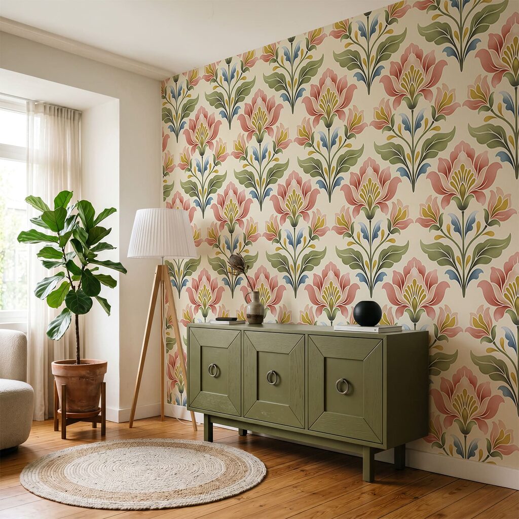 Éventails fleuris en rangées dans un intérieur