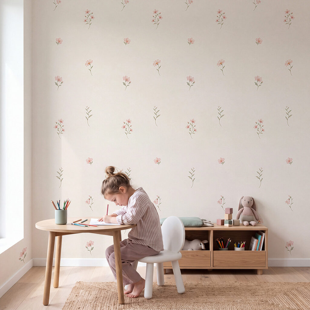 Fleurettes roses espacées dans un intérieur