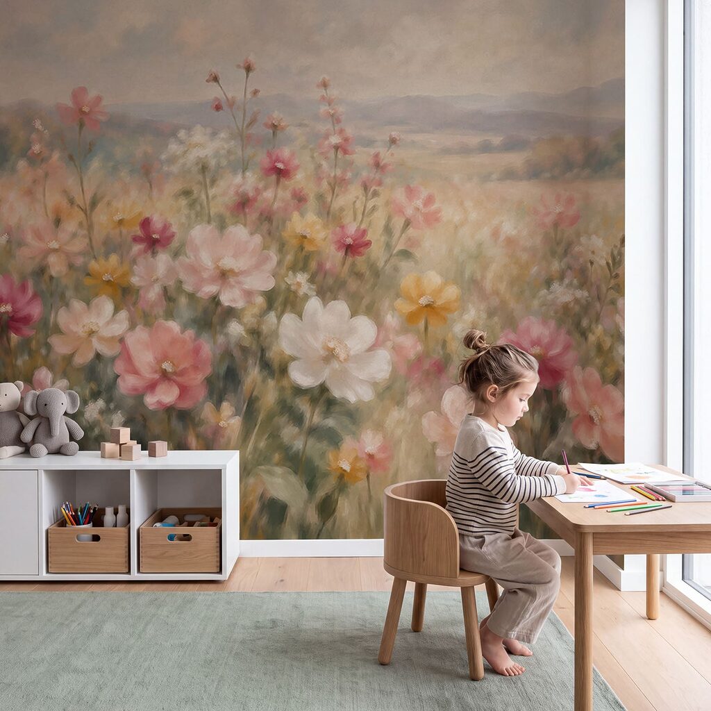 Prairie fleurie au soir dans un intérieur