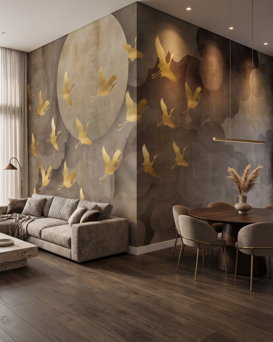Oiseaux dorés et lune dans un intérieur