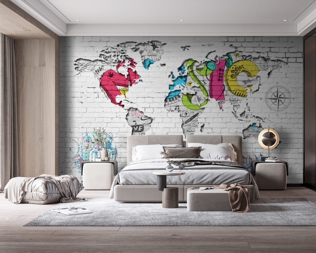 Planisphère façon street art dans un intérieur