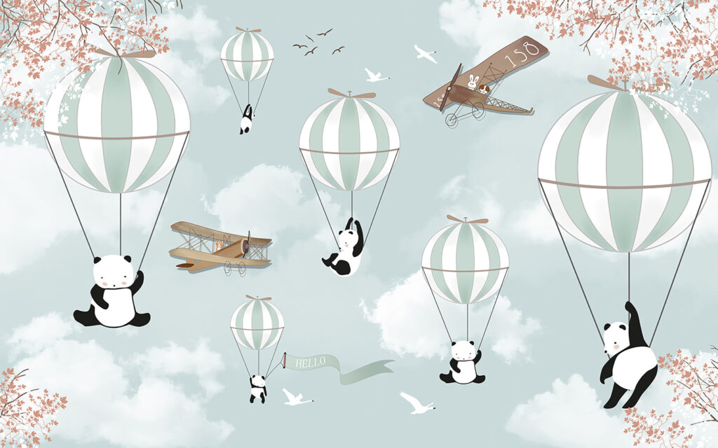 Pandas en montgolfière — motif complet
