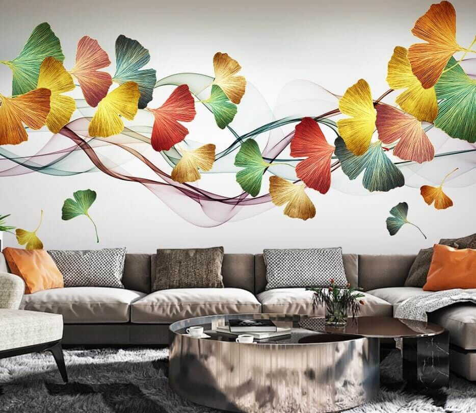 Feuilles et rubans colorés dans un intérieur