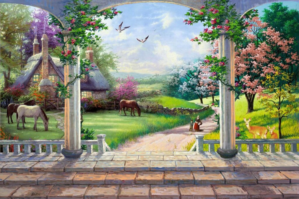Arche fleurie sur jardin — motif complet