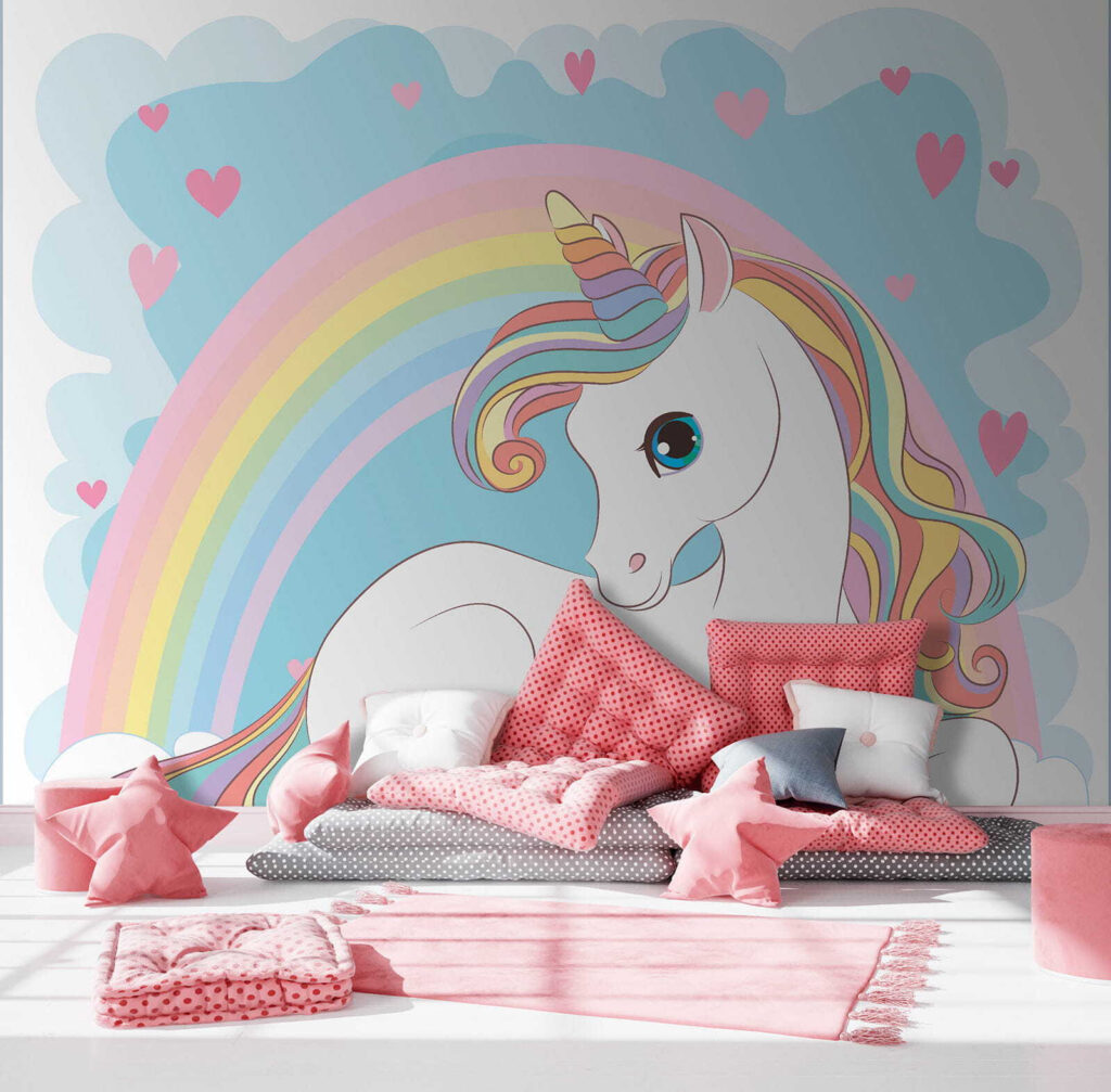 Licorne sous l’arc-en-ciel dans un intérieur
