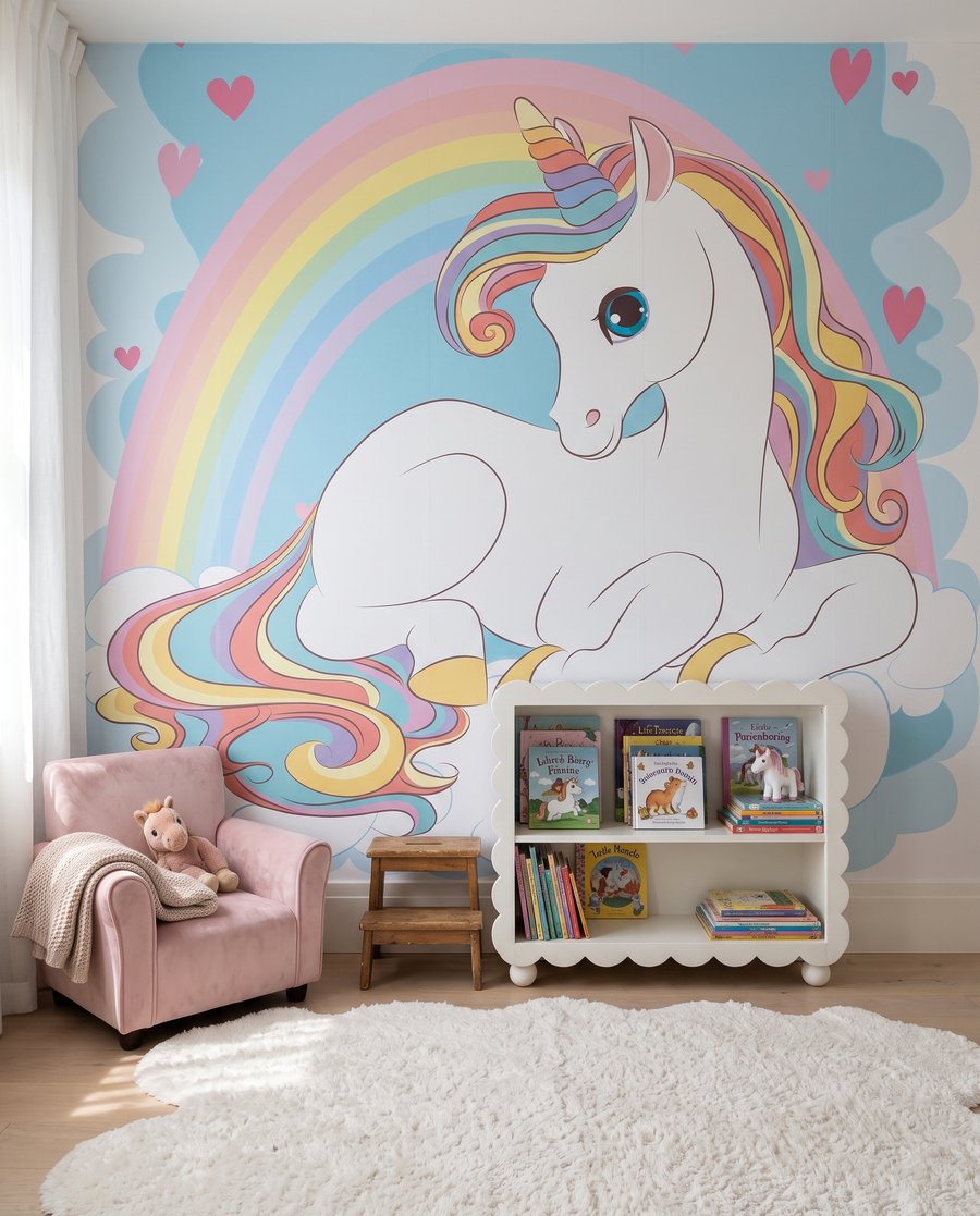 Licorne sous l’arc-en-ciel dans un intérieur