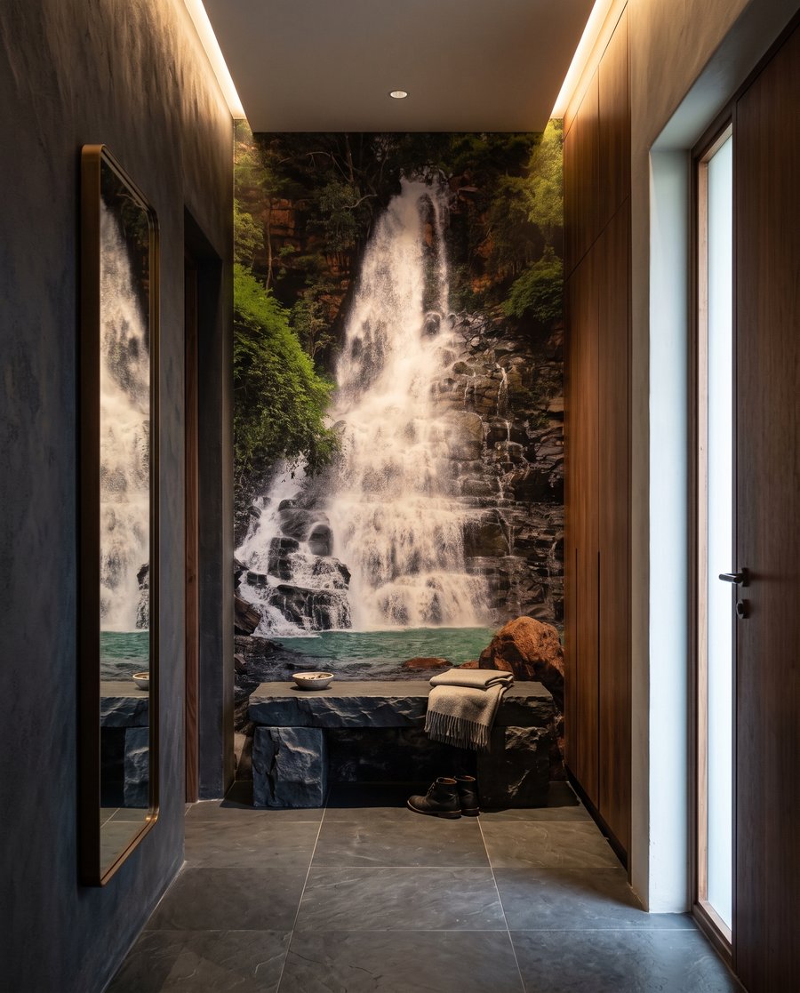 Cascade et rochers sombres dans un intérieur