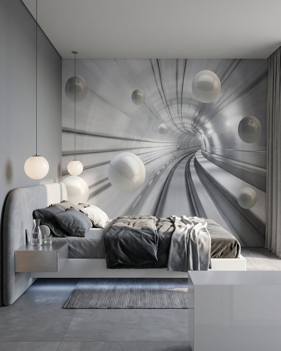 Sphères et tunnel lumineux dans un intérieur