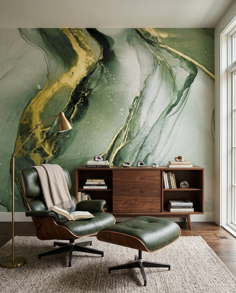 Couleur fluide veinée d’or dans un intérieur