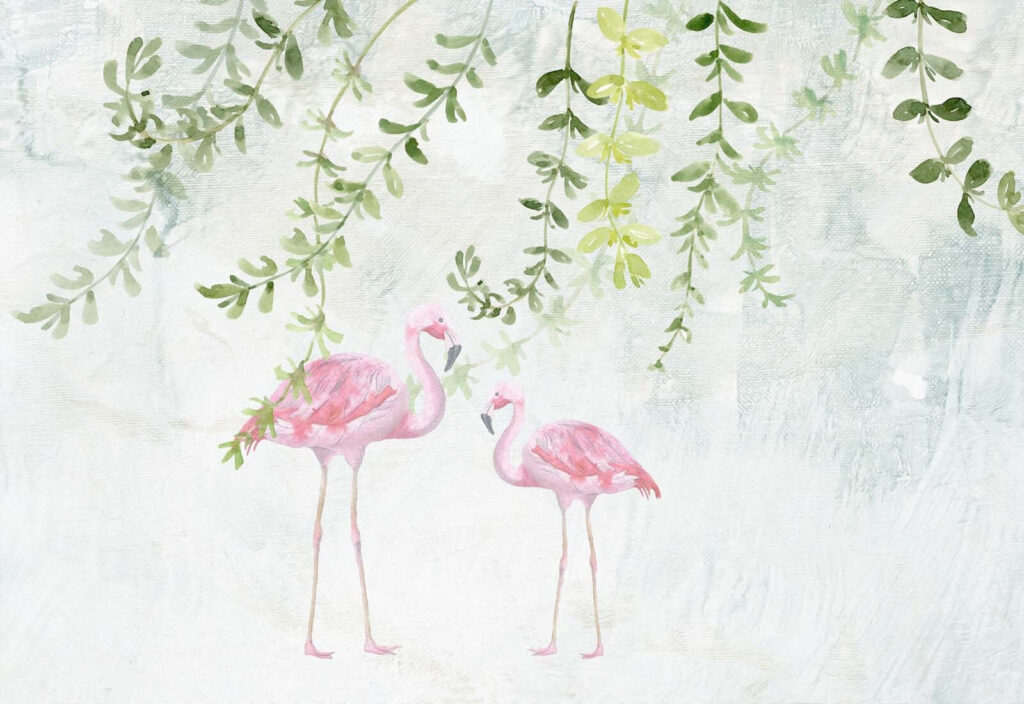 Flamants roses et feuillage — motif complet