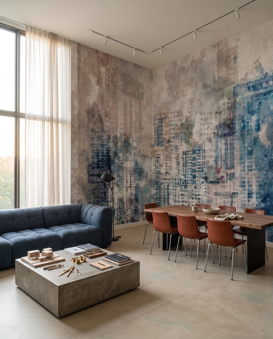 Silhouette urbaine estompée dans un intérieur
