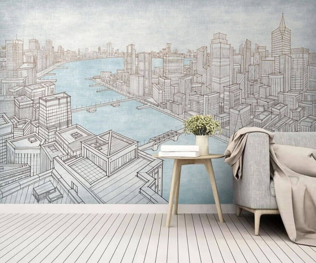 Ville fluviale dessinée dans un intérieur