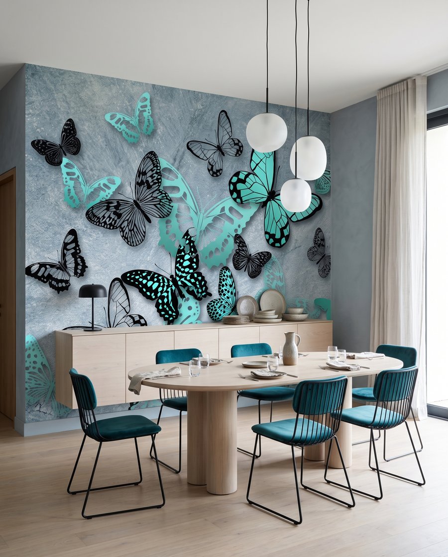 Papillons turquoise en mouvement dans un intérieur