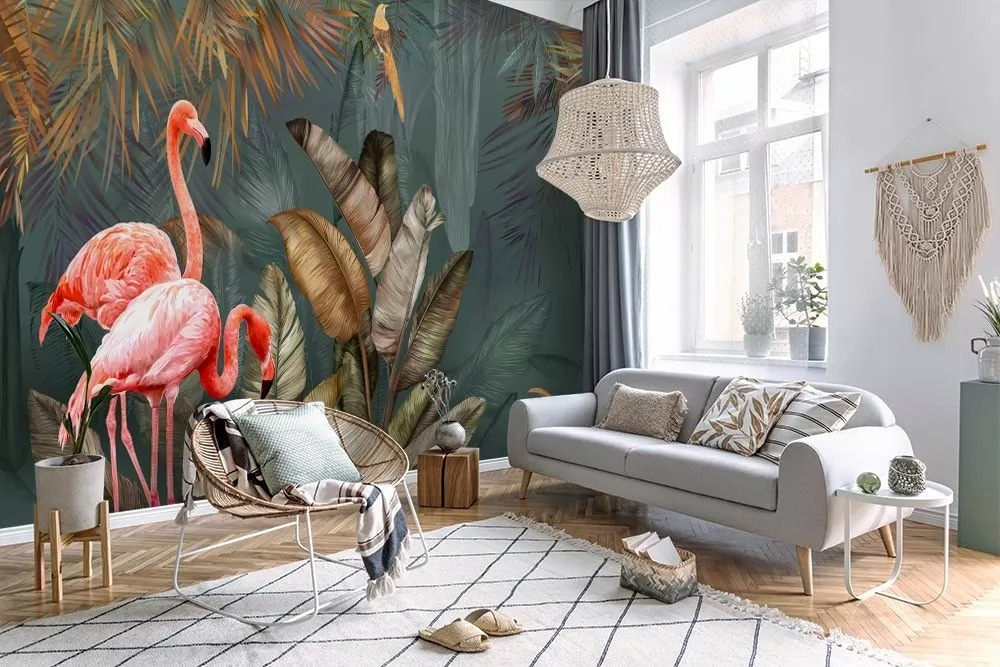 Flamants au feuillage dense dans un intérieur