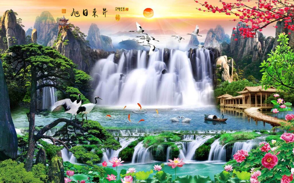 Cascades et arbres fleuris — motif complet