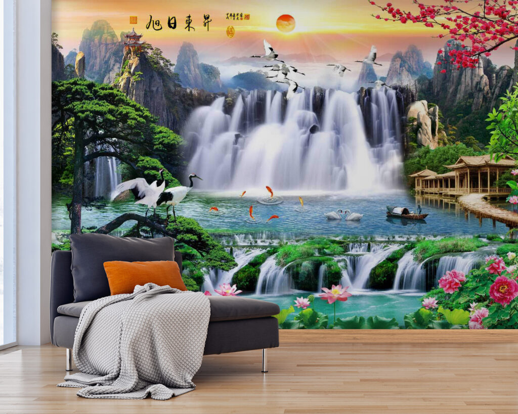 Cascades et arbres fleuris — intérieur 1
