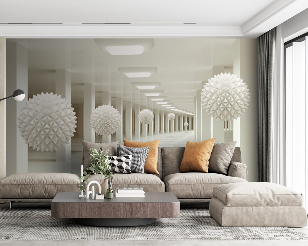 Couloir blanc aux sphères dans un intérieur