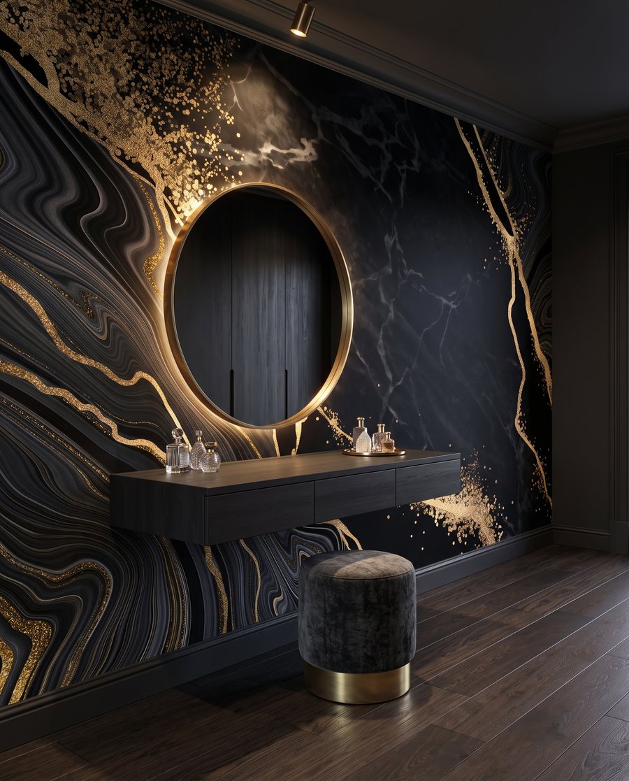 Fissures dorées sur noir dans un intérieur