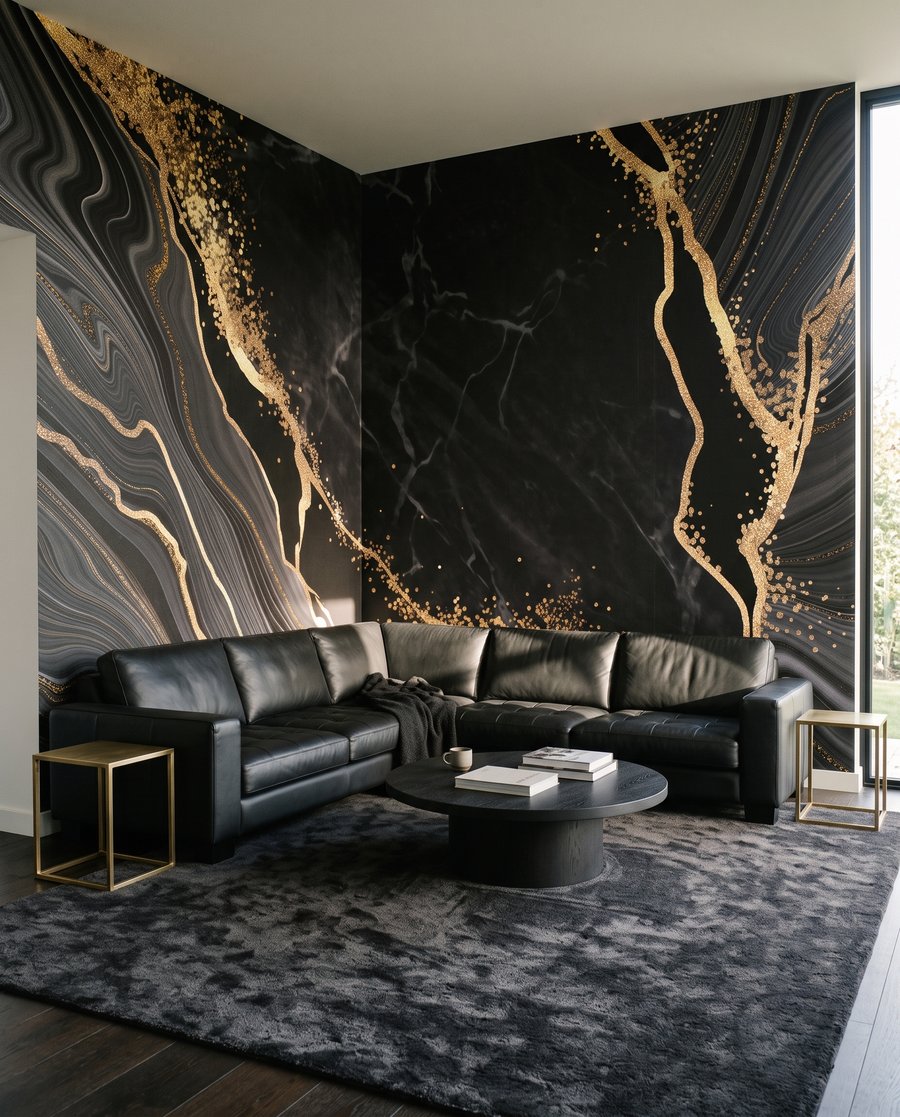 Fissures dorées sur noir dans un intérieur