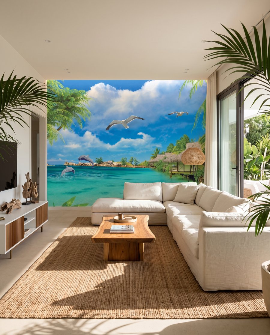 Baie tropicale sous l’azur dans un intérieur