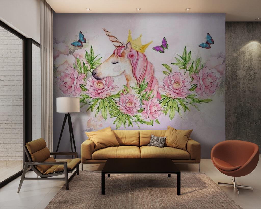 Licorne parmi les roses dans un intérieur