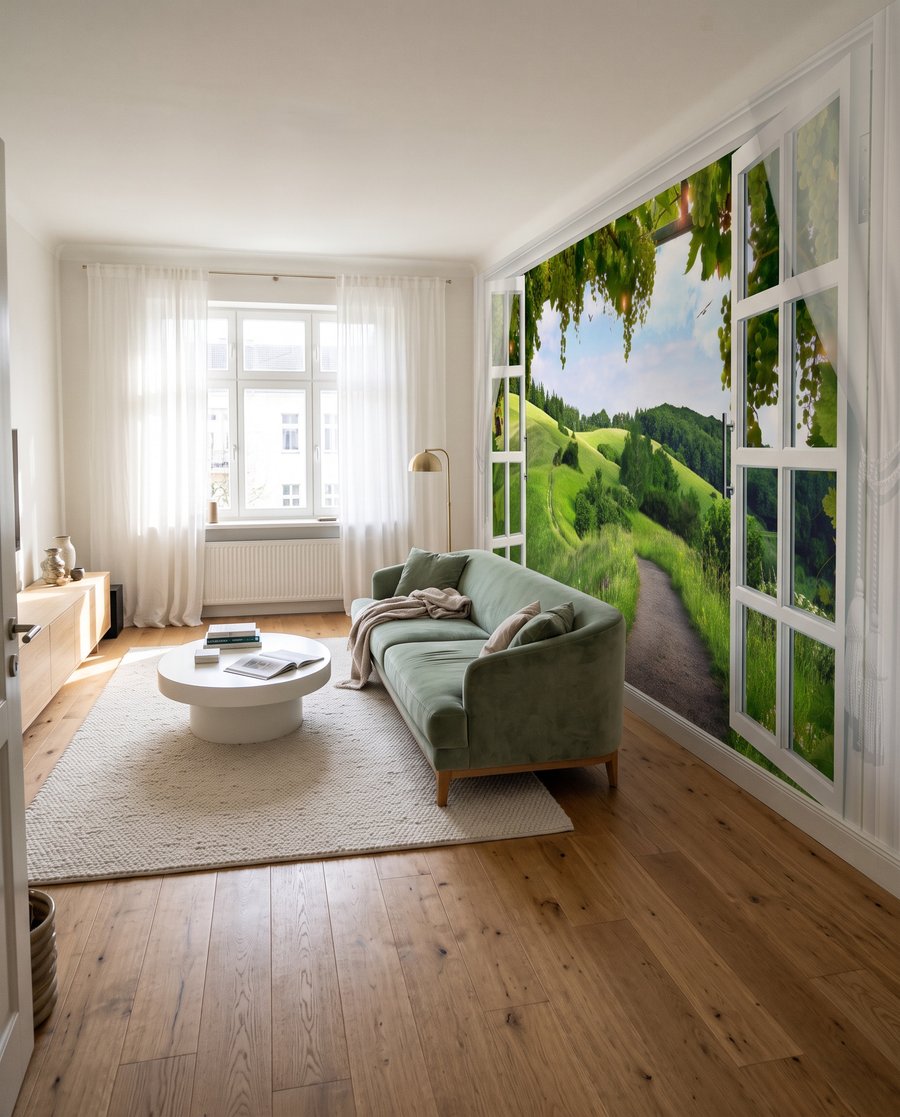 Fenêtre sur les collines dans un intérieur