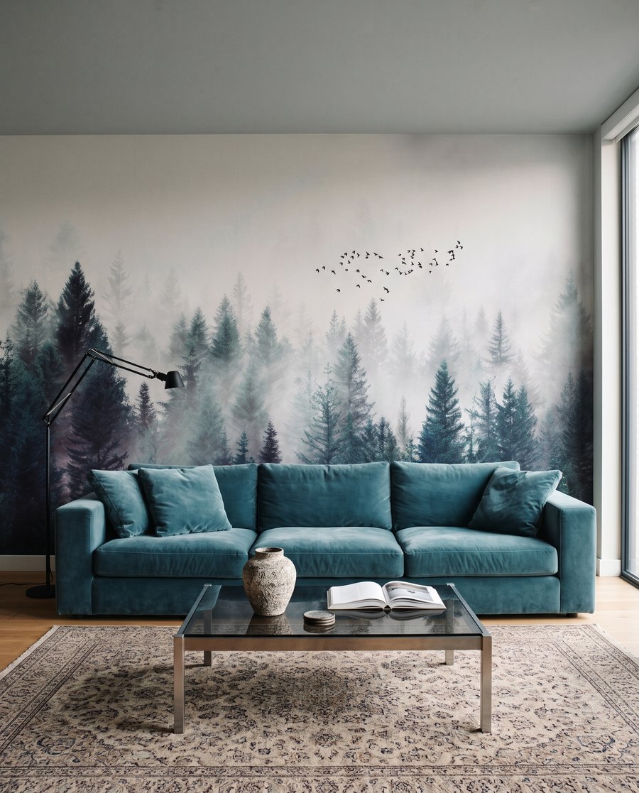Oiseaux sur les conifères dans un intérieur