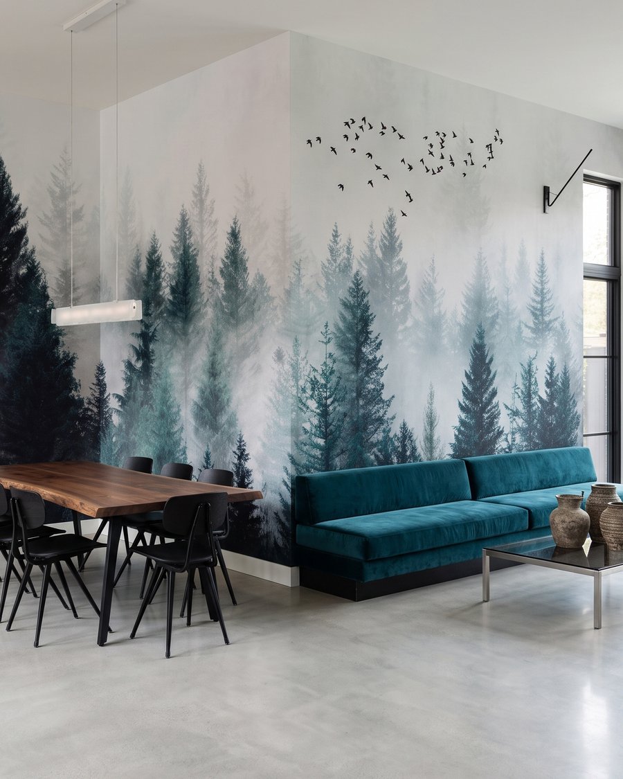 Oiseaux sur les conifères dans un intérieur