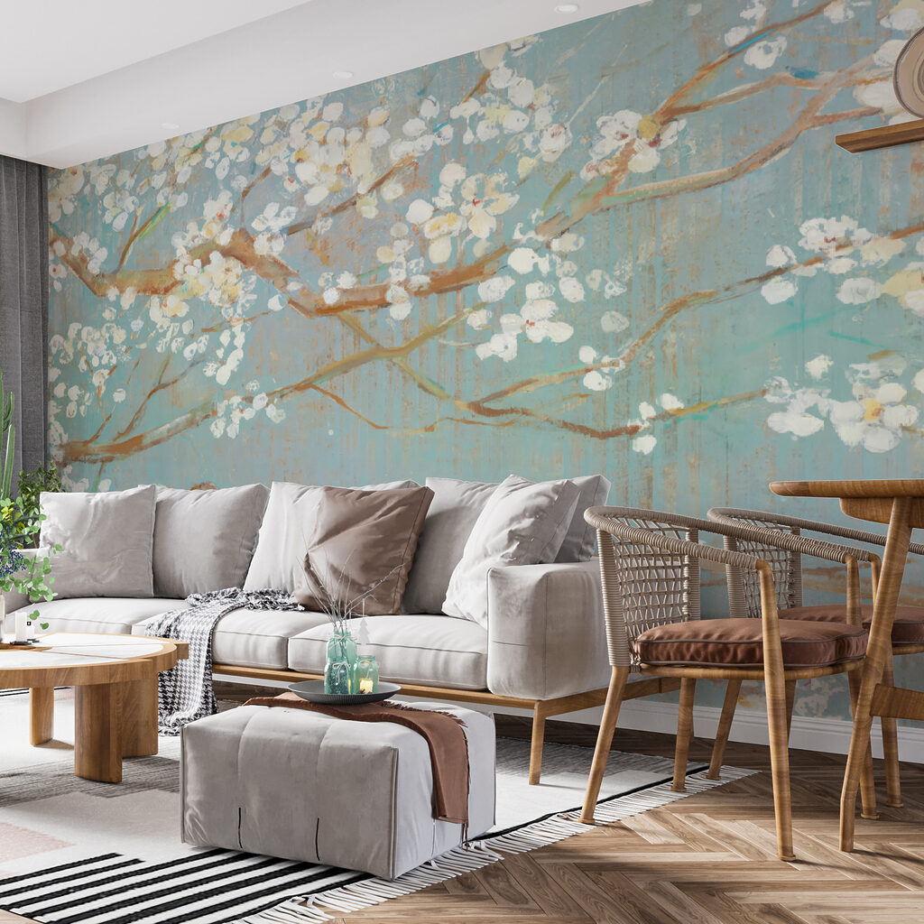 Fleurs blanches sur turquoise dans un intérieur