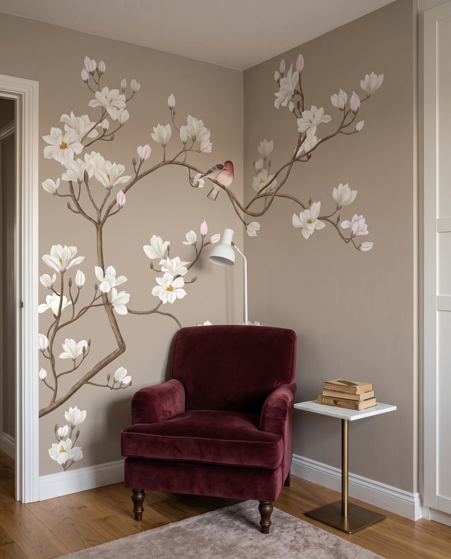 Oisillons sur branches fleuries dans un intérieur