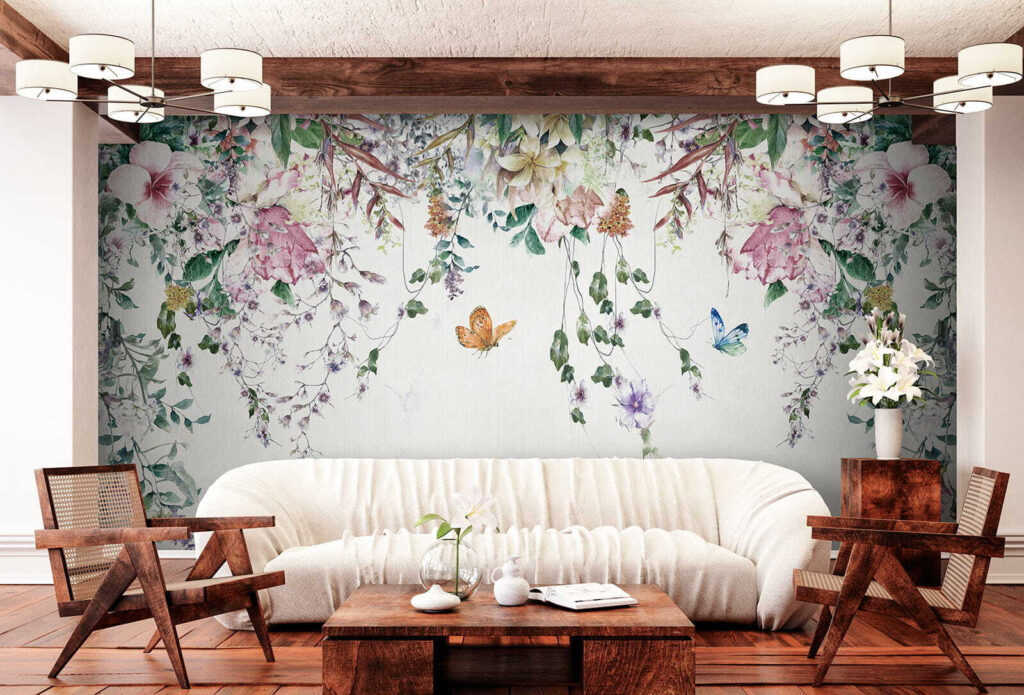 Guirlandes fleuries et papillons dans un intérieur