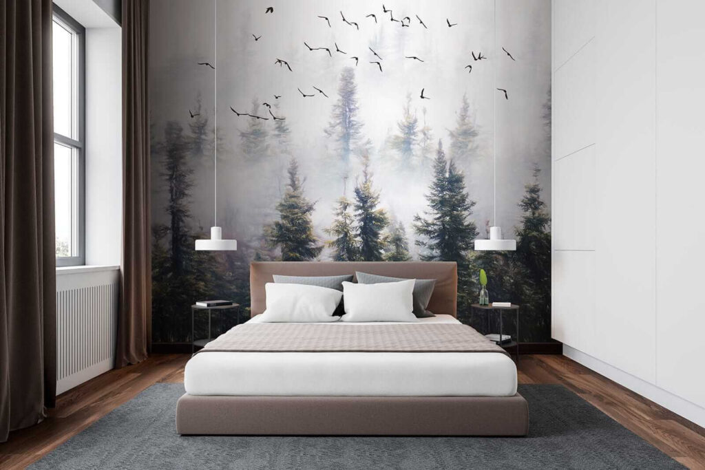 Oiseaux sur pins brumeux — intérieur 2