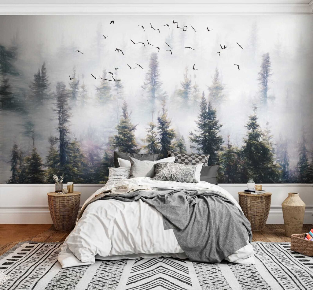 Oiseaux sur pins brumeux — intérieur 4
