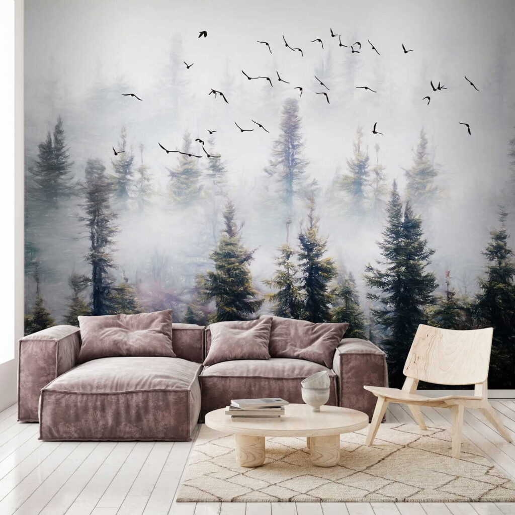 Oiseaux sur pins brumeux — intérieur 5