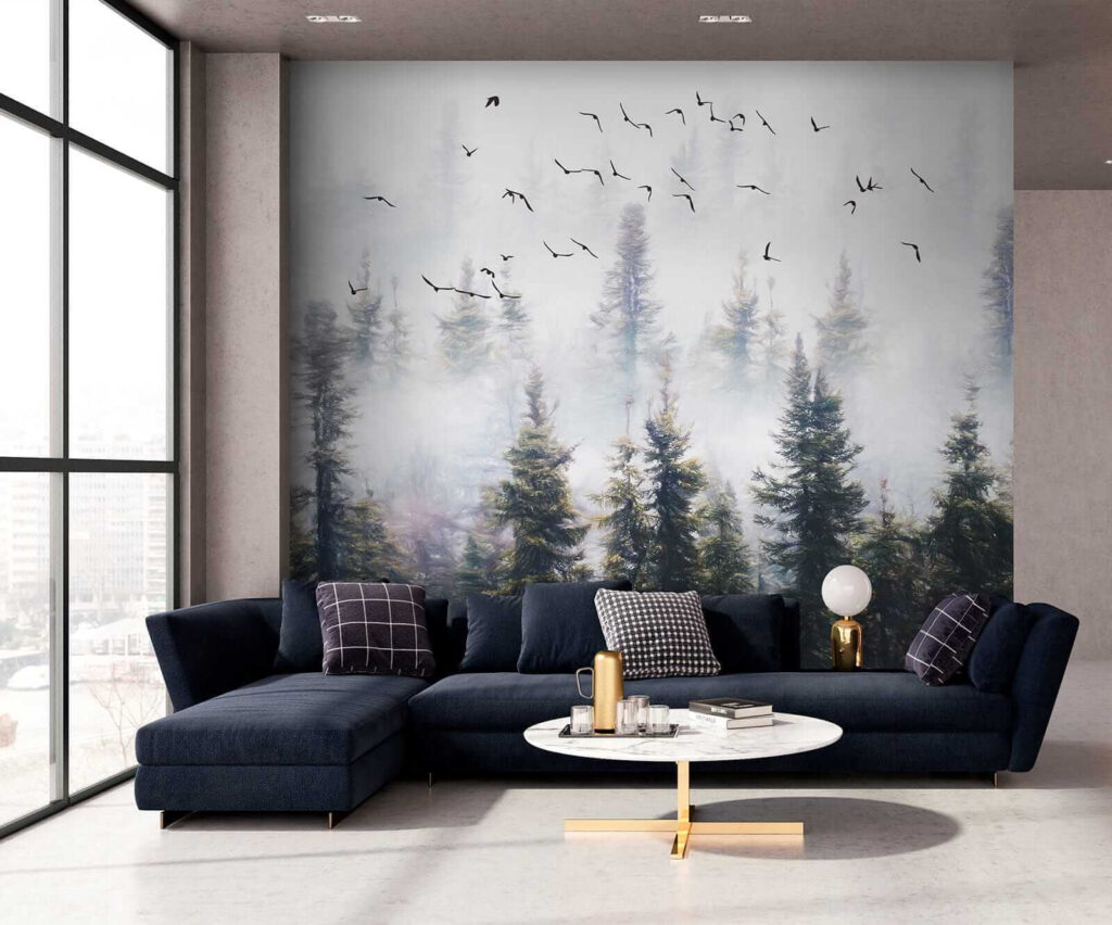 Oiseaux sur pins brumeux — intérieur 6