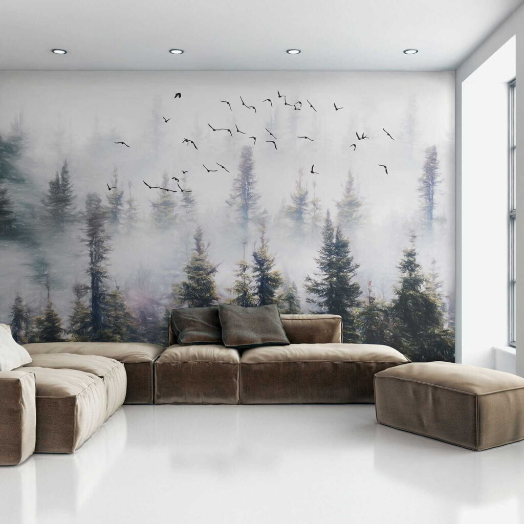 Oiseaux sur pins brumeux — intérieur 7