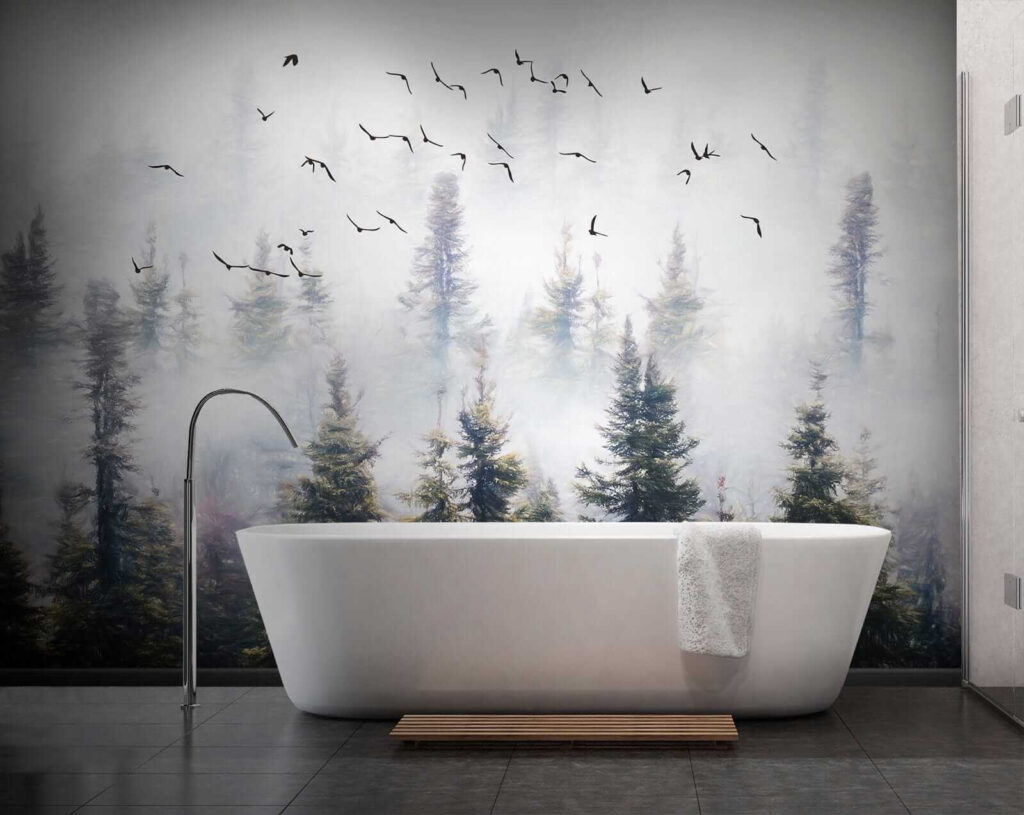 Oiseaux sur pins brumeux — intérieur 9