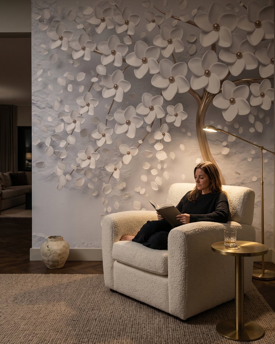 Fleurs blanches, tronc doré dans un intérieur