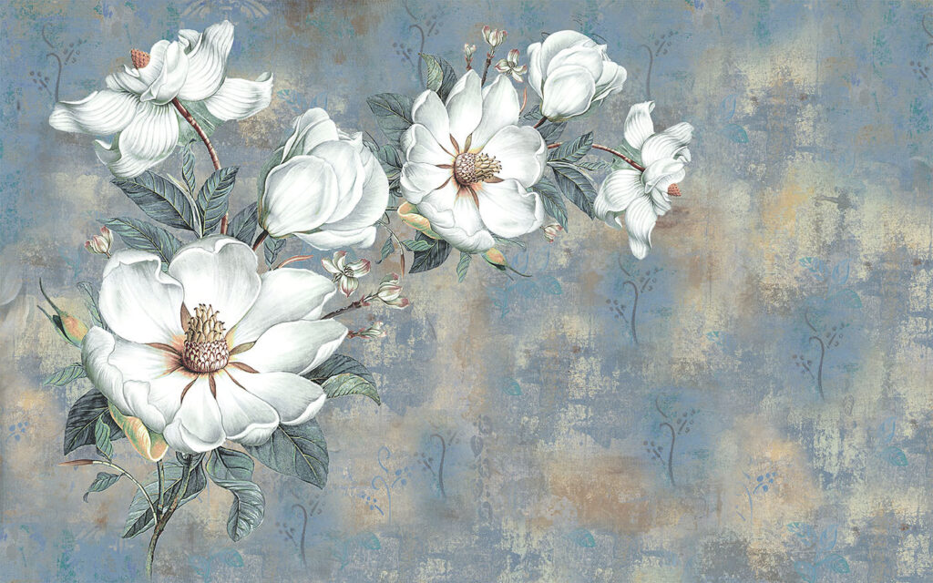 Fleurs blanches sur bleu — motif complet