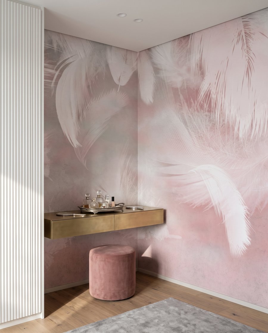 Pluie de plumes roses dans un intérieur