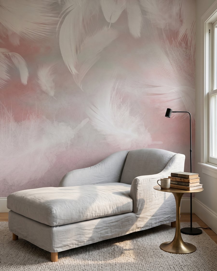 Pluie de plumes roses dans un intérieur