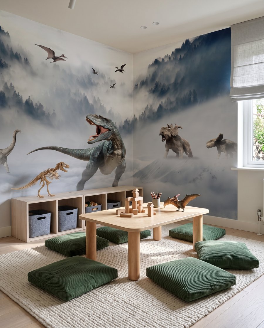 Dinosaures dans la brume dans un intérieur
