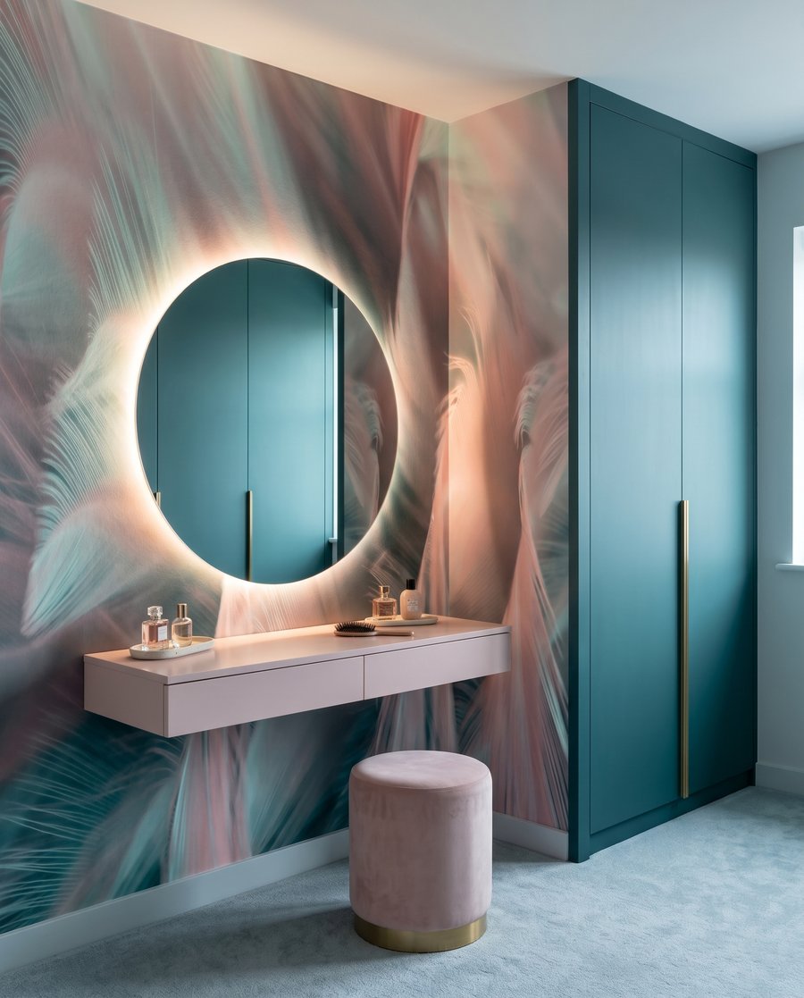 Plumes rose et turquoise dans un intérieur