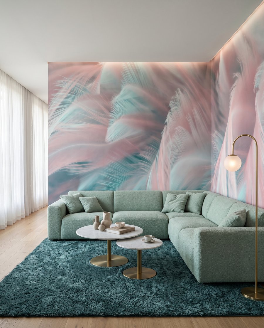 Plumes rose et turquoise dans un intérieur