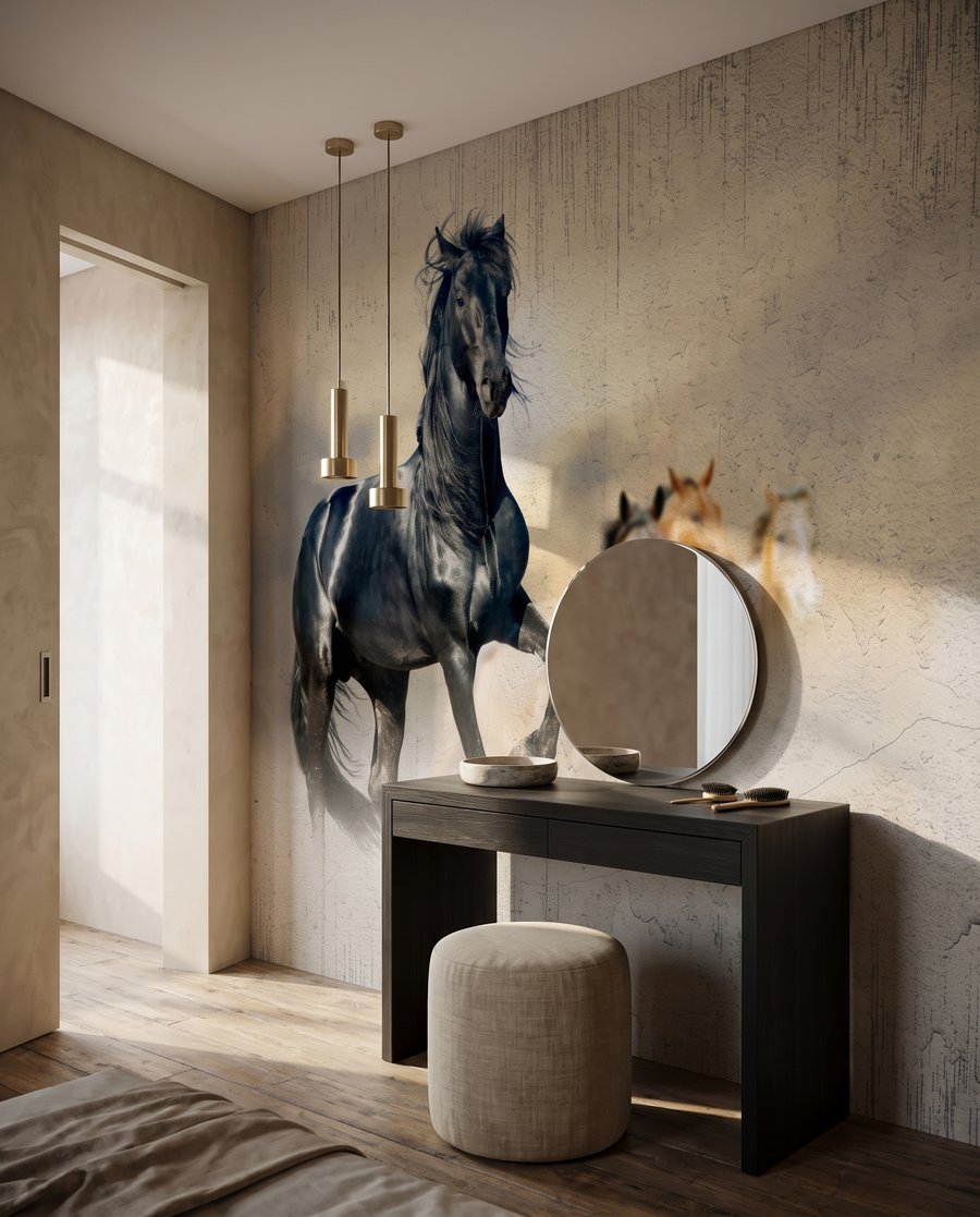 Chevaux dans la lumière dans un intérieur