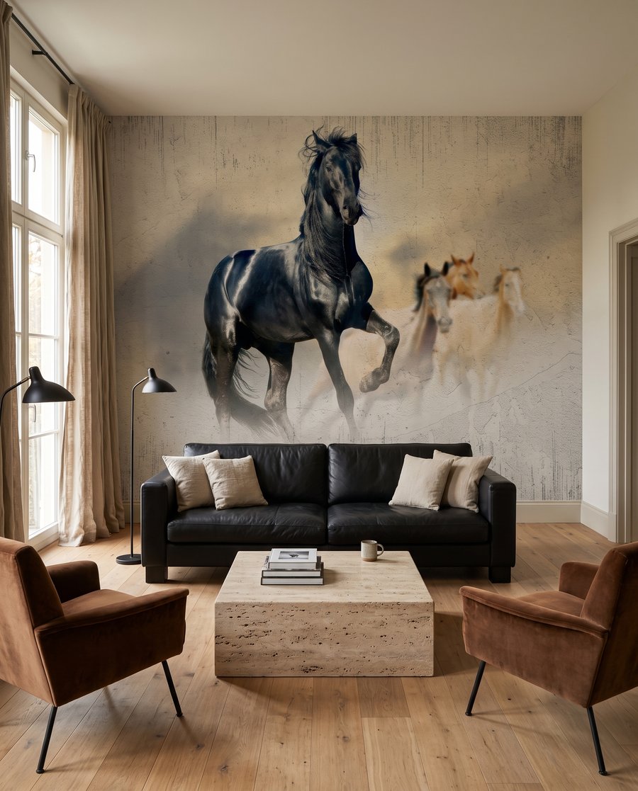 Chevaux dans la lumière dans un intérieur