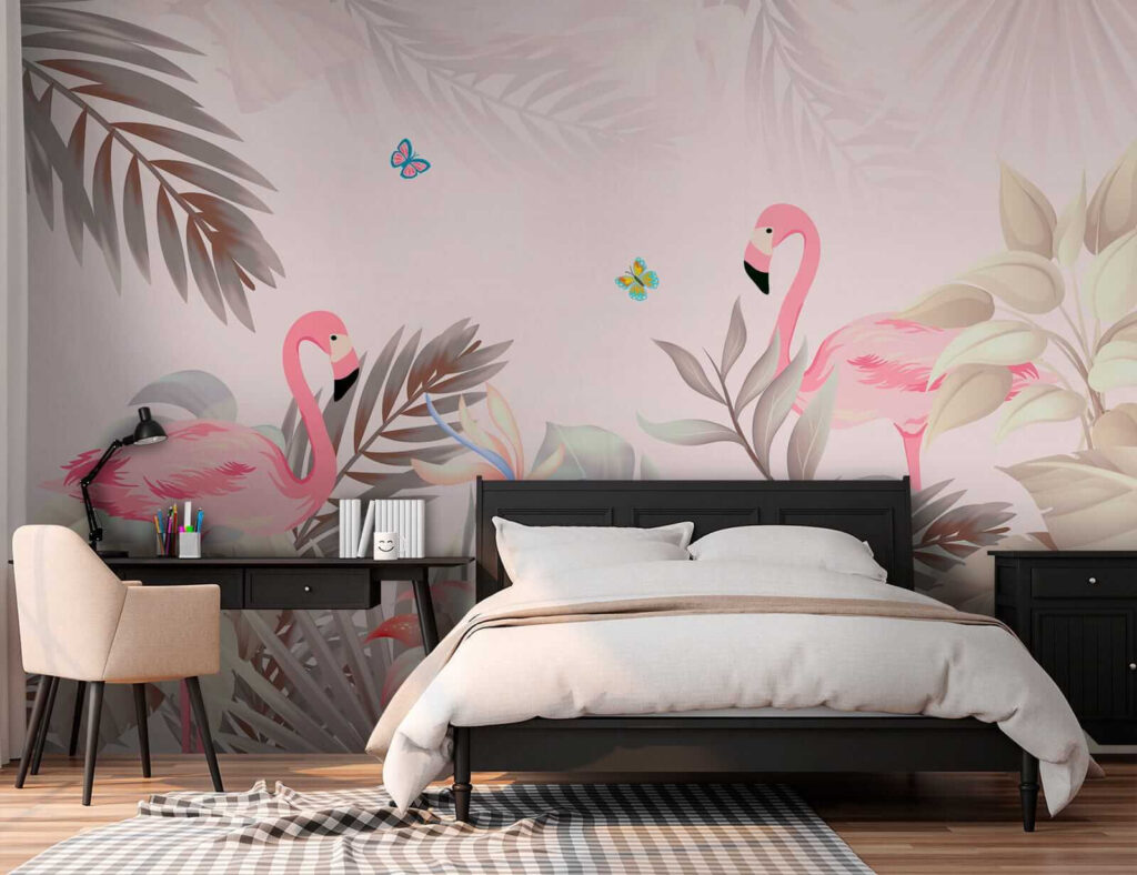 Flamants et papillons dans un intérieur
